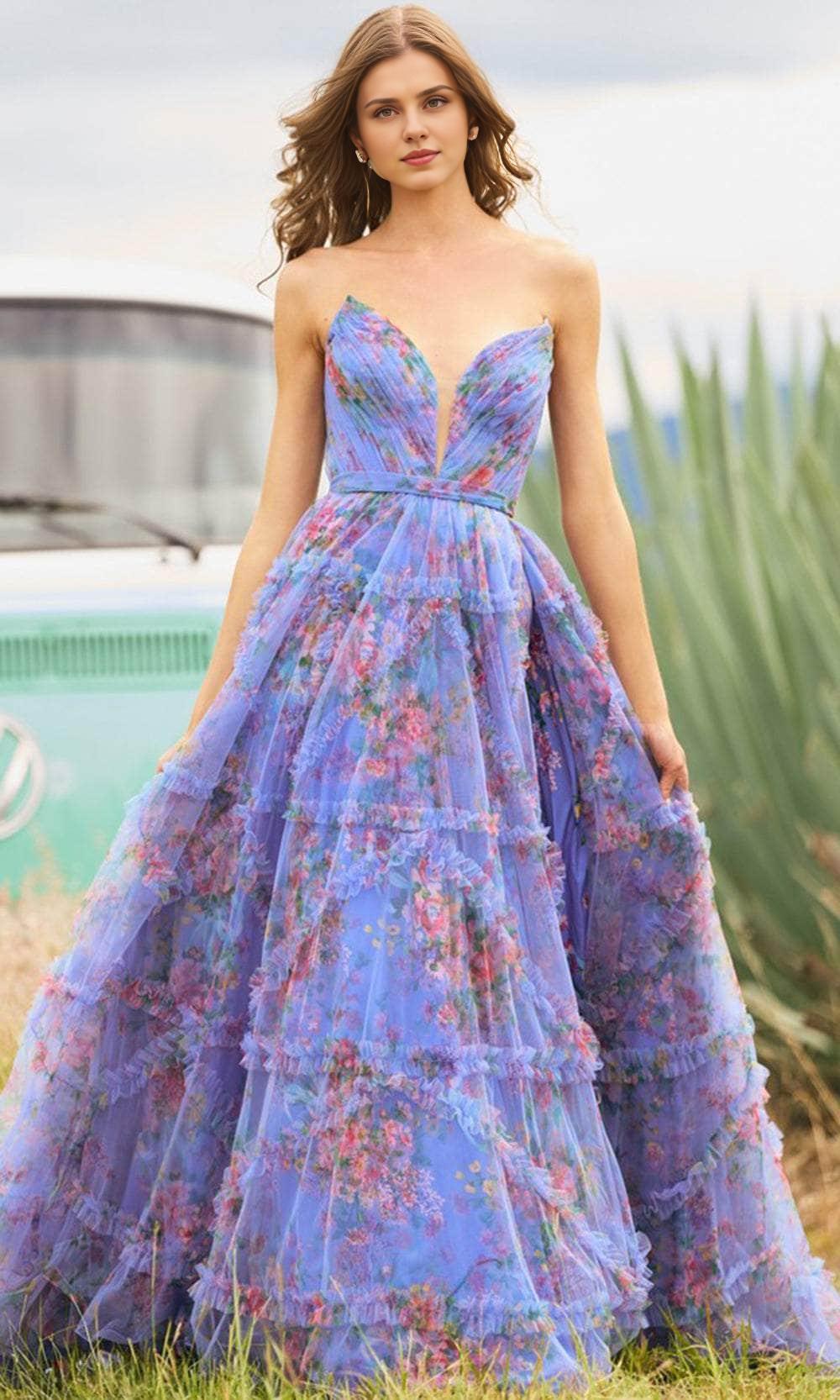 Formal Women's Dresses/ Print Floral Strapless Corset Mid-Open Back Prom Dress With High Slit Evening Dress